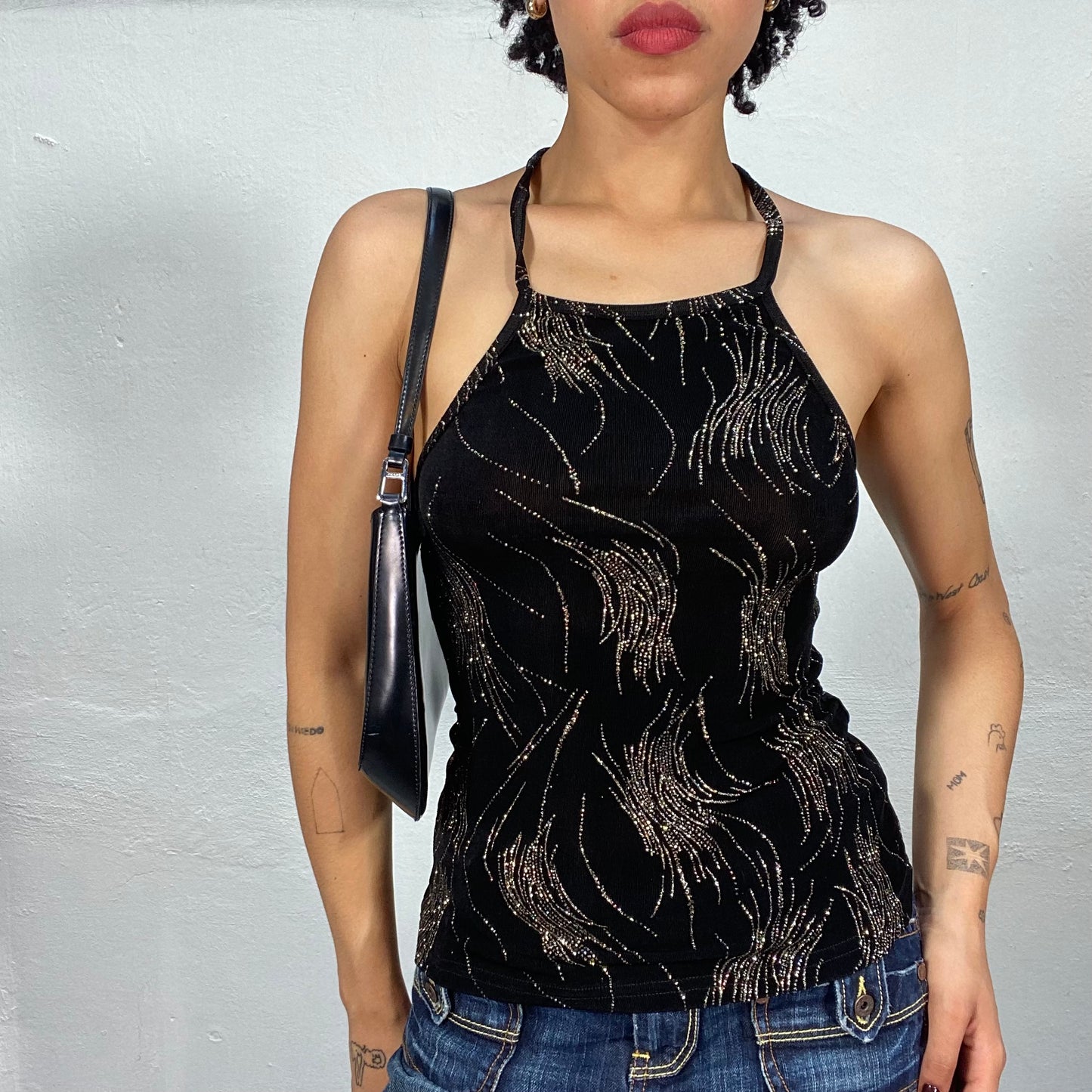 Vintage 2000's Festive Black High Neck Top with Golden Glitter Print (S)