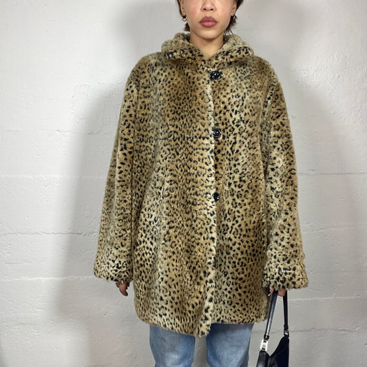 Vintage 90's Mob Wife Brown Mid Fluffy Jacket with Cheetah Print (M)