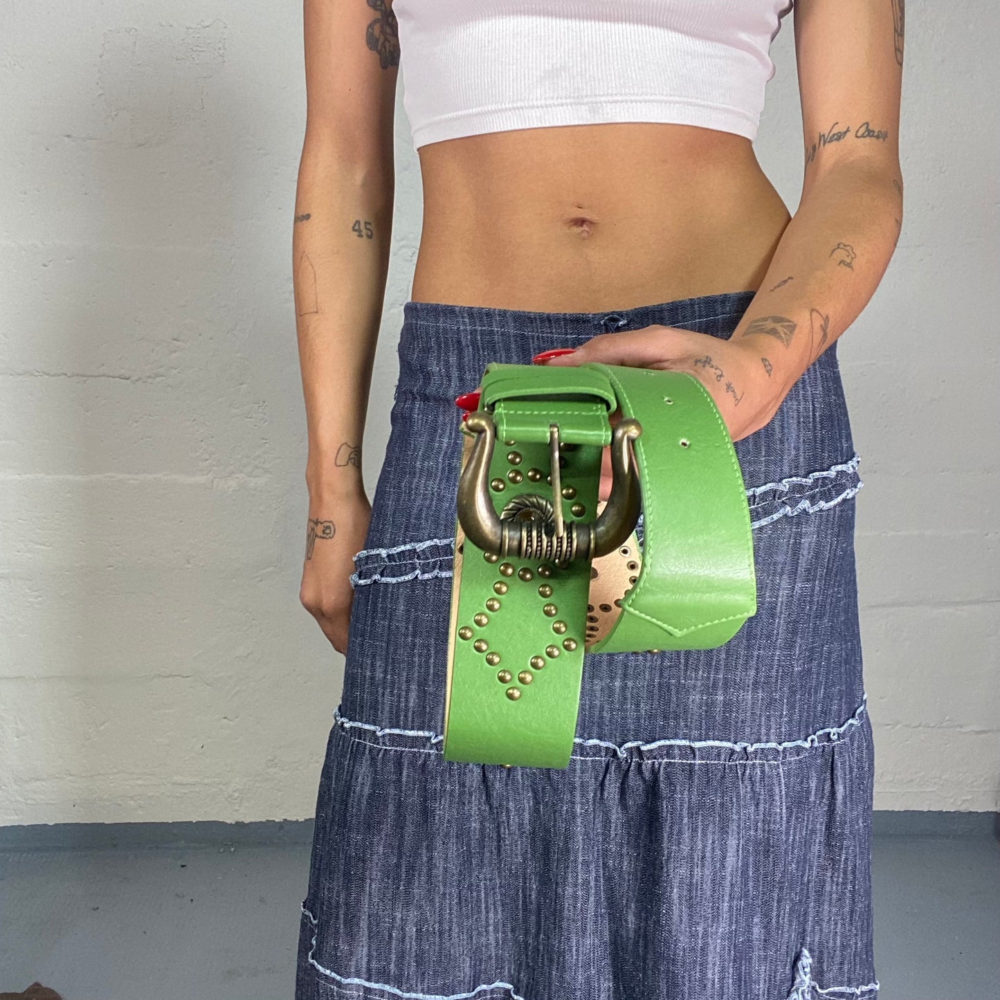 Vintage 2000's Festival Green Faux Leather Belt with Gold Studs and Buckle