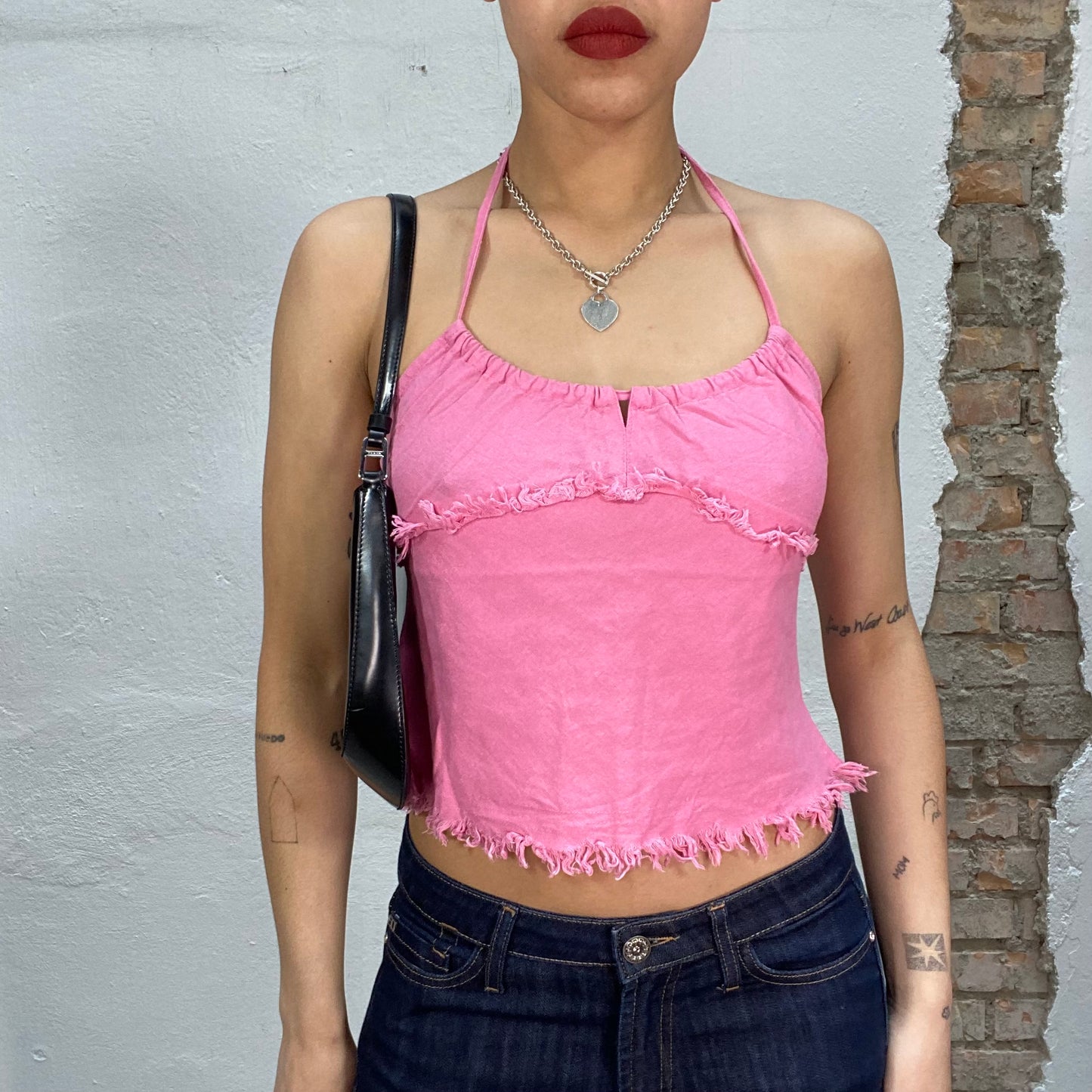 Vintage 2000's Surfer Pink Halter Neck Top with Fringe Details (S)