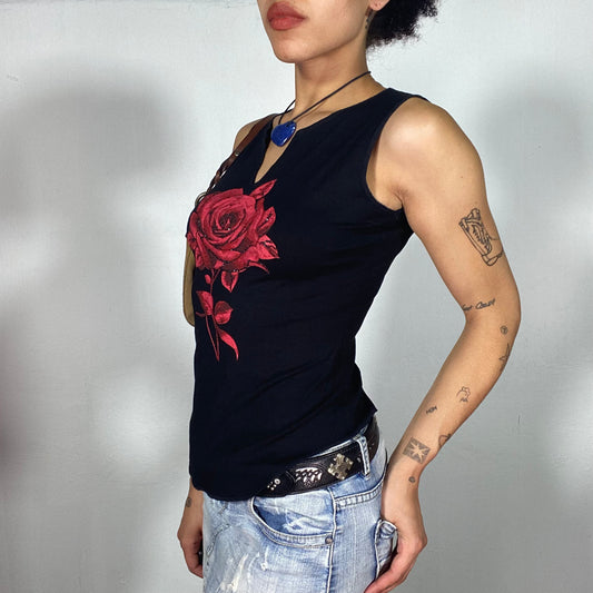 Vintage 2000's Rock Black Tank Top with Rose Print (S)