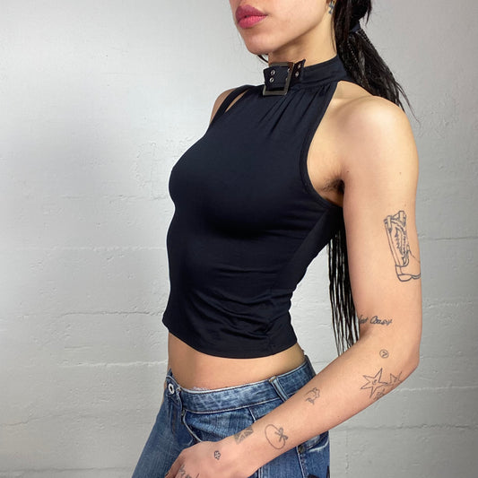 Vintage 2000's Indie Sleaze Black Top with Belt Highneck with Silver Big Buckle Detail (S)