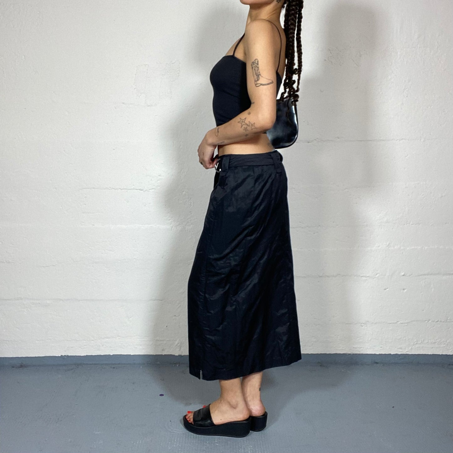 Vintage 2000's Archive Black Maxi Cargo Skirt with Bright Finish Material and Studded Belt Detail (S/M)