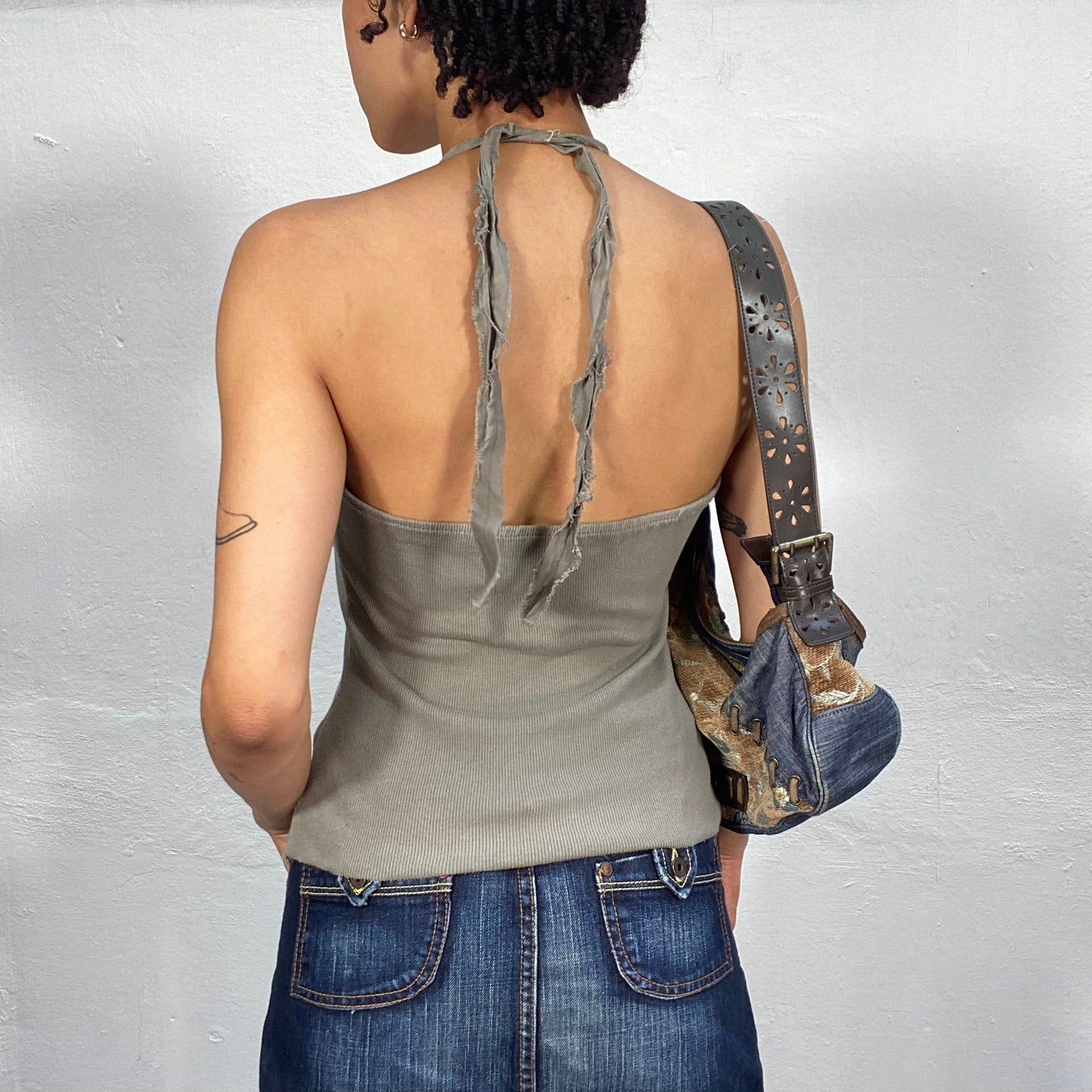 Vintage 2000's Grunge Khaki Raw Hem Halter Neck Top with Pocket Details (S)