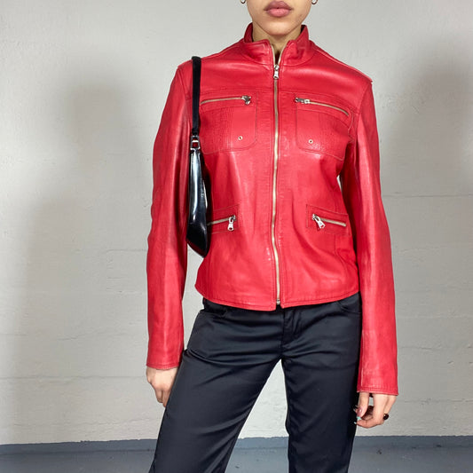 Vintage 2000's Charlie's Angels Red Short Zip Up Leather Jacket (S/M)