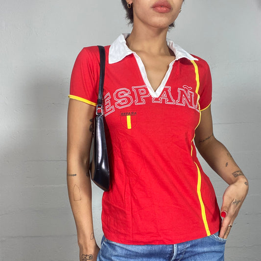 Vintage 2000's Sporty Girl Red Polo Top with White Collar and "ESPAÑA" Print (S/M)