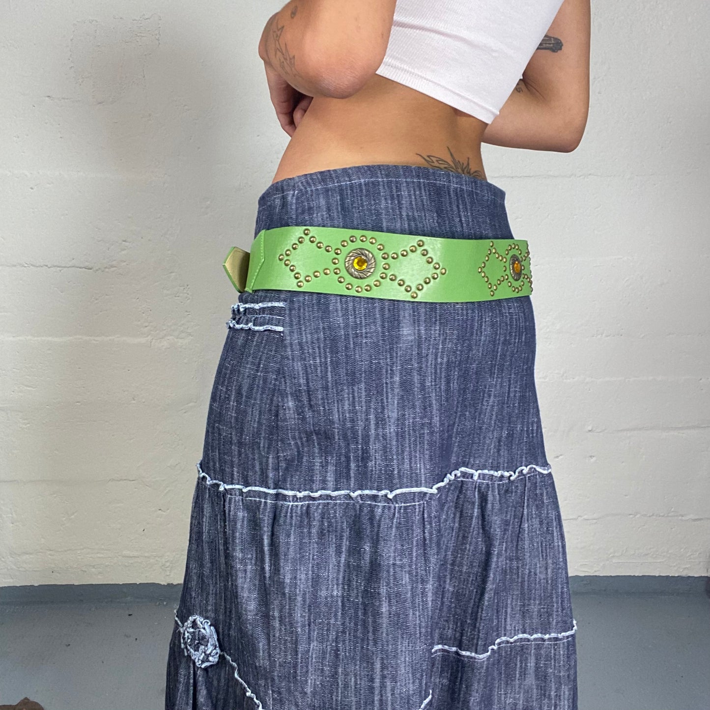 Vintage 2000's Festival Green Faux Leather Belt with Gold Studs and Buckle