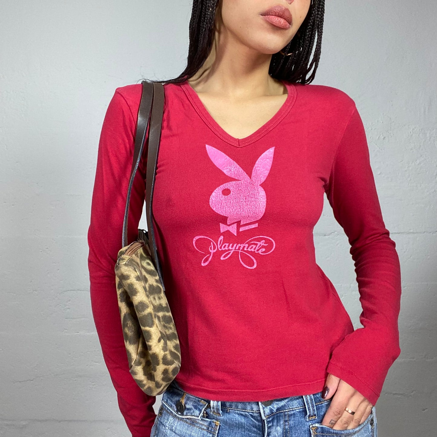 Vintage 2000's Playboy Archive Red Longsleeve Top with Pink Logo Print (S)