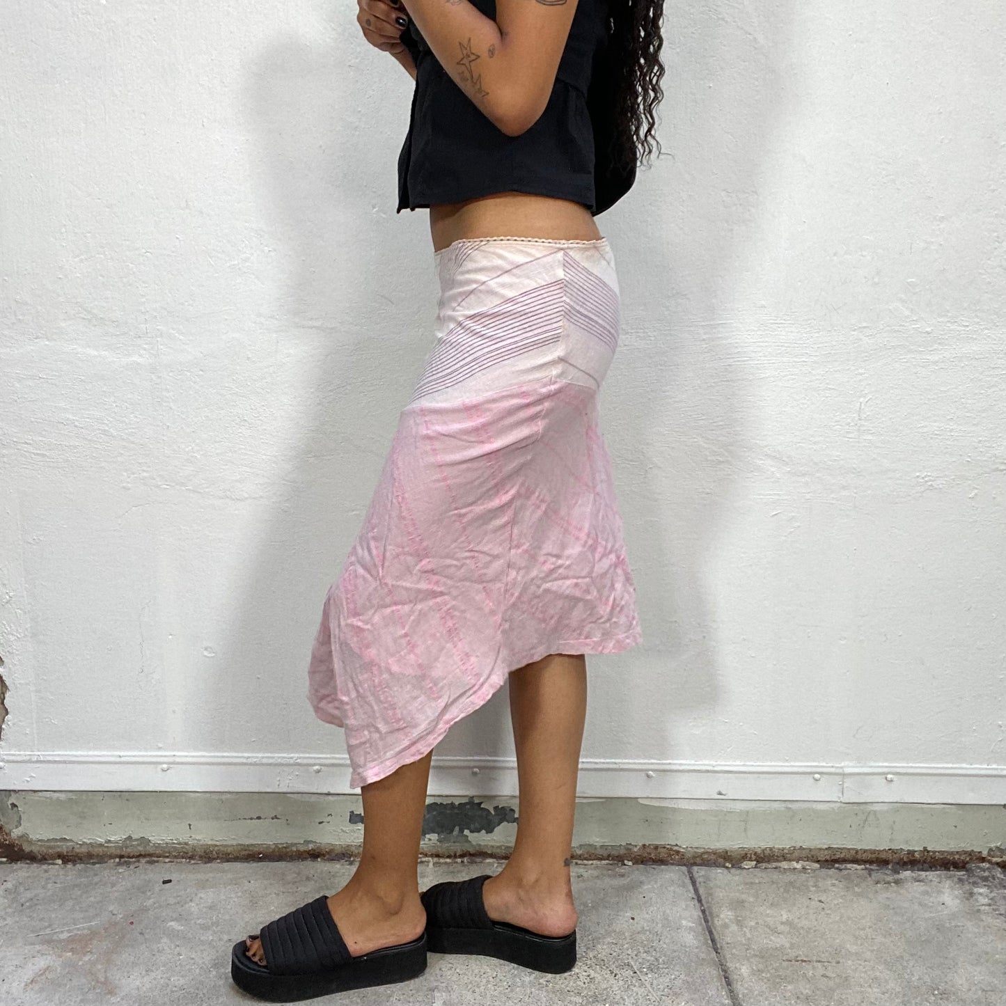 Vintage 2000's Indie Baby Pink Asymmetric Midi Skirt with Trim (S)