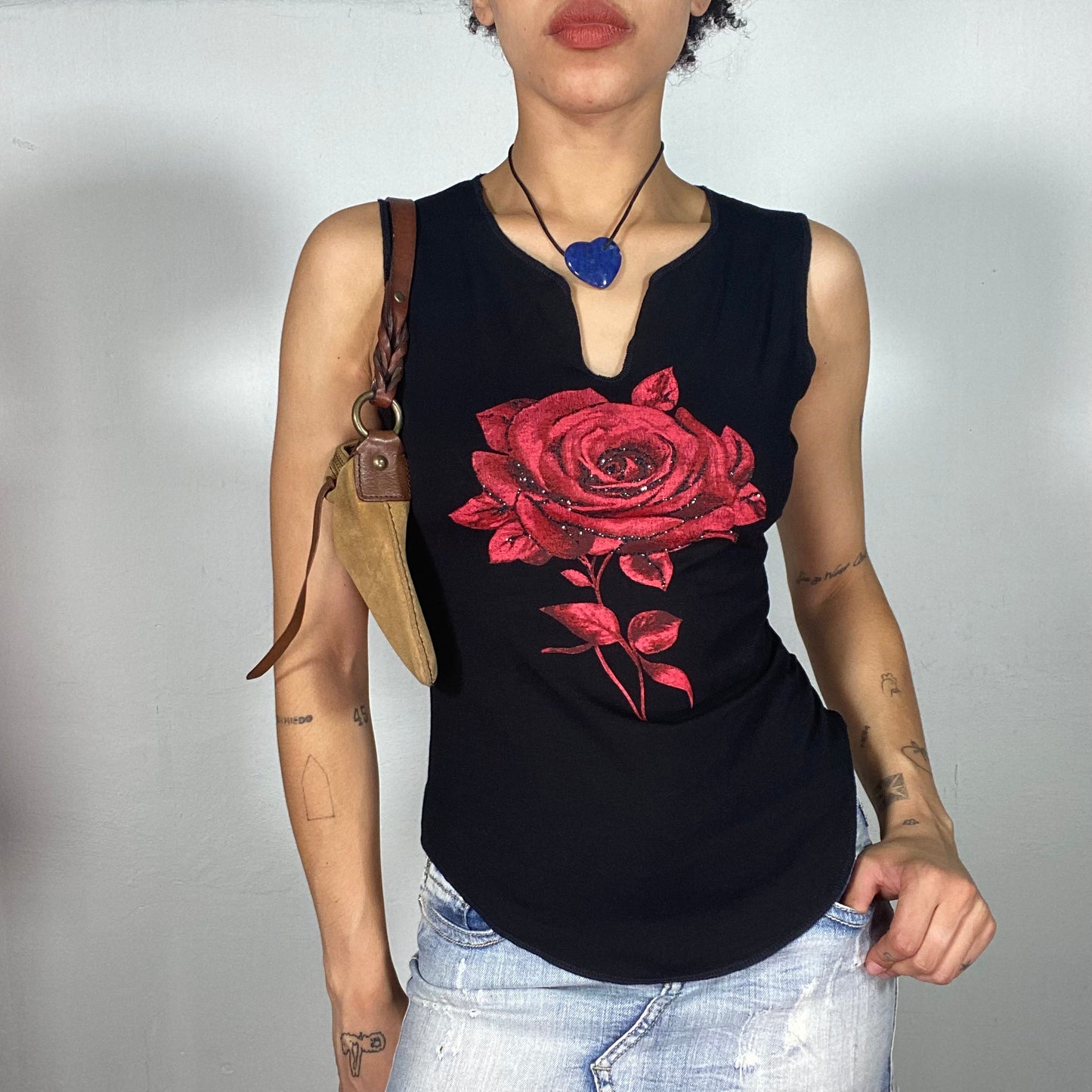 Vintage 2000's Rock Black Tank Top with Rose Print (S)