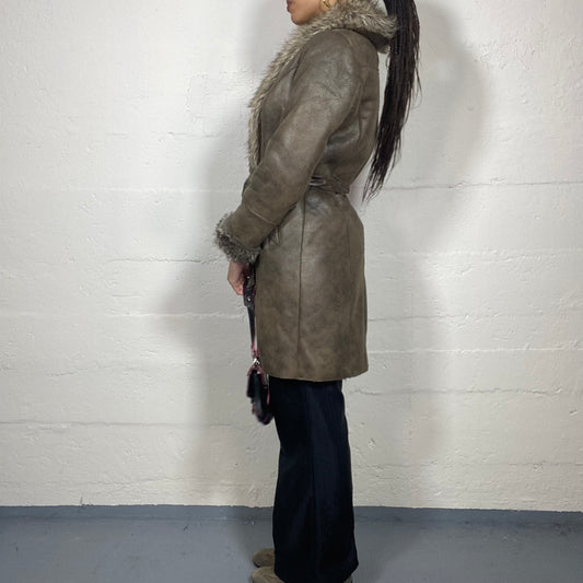 Vintage 2000's Bratz Brown Leather Long Afghan Coat with Faux Fur Collar and Sleeve Details (M)