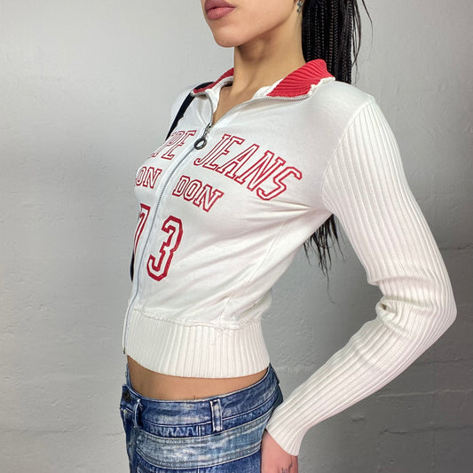 Vintage 2000's Pepe Jeans Sporty White Zip Up Sweater with Red Brand "London 73" Print (S)