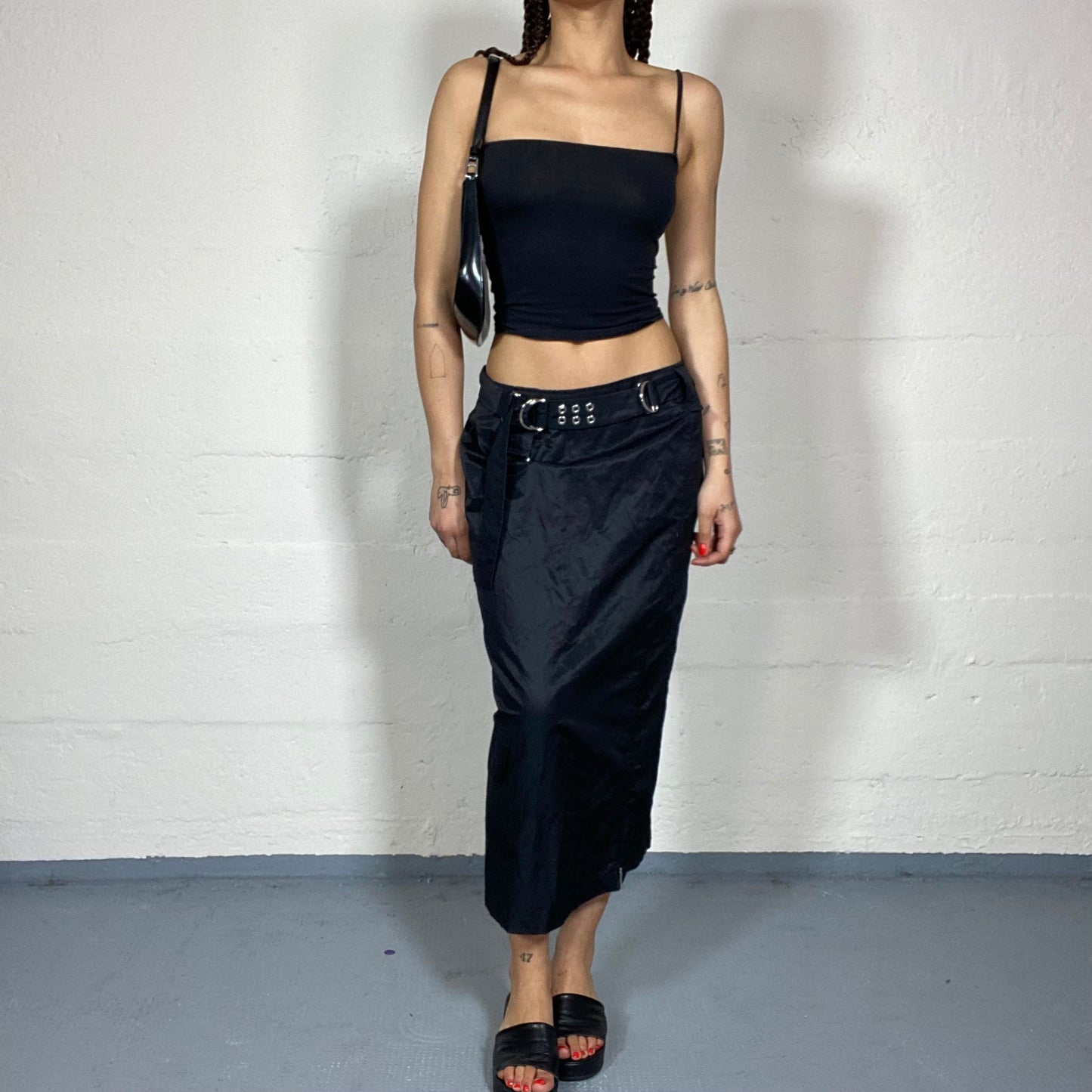 Vintage 2000's Archive Black Maxi Cargo Skirt with Bright Finish Material and Studded Belt Detail (S/M)