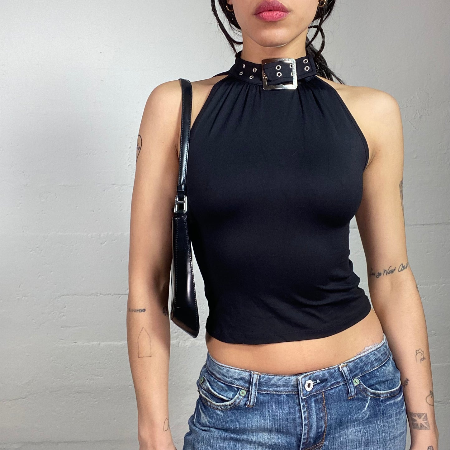 Vintage 2000's Indie Sleaze Black Top with Belt Highneck with Silver Big Buckle Detail (S)