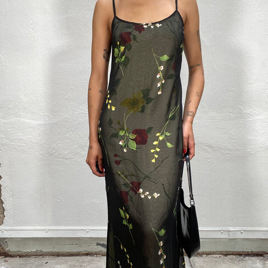 Vintage 90's Fairy Black Mesh Maxi Dress with Red and Yellow Rose Print (S/M)