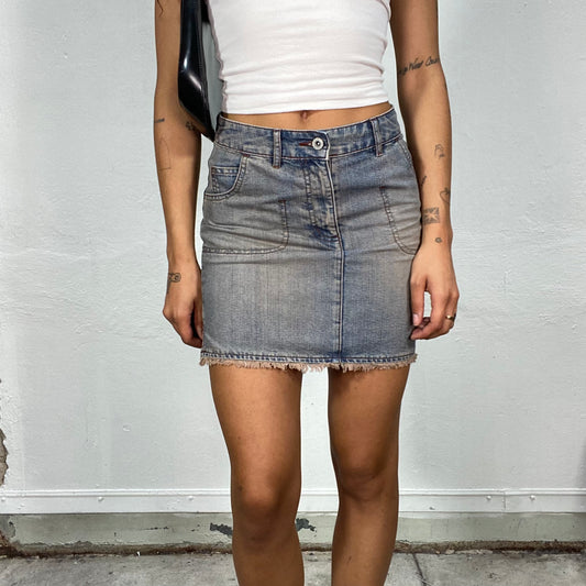 Vintage 90's Downtown Girl Washed Out Denim Mini Skirt with Bronze Stamp on the Back (S)