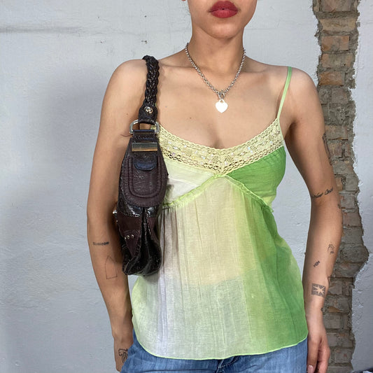 Vintage 90's Morgan de Toi Green Flowy Cami Top with Crochet Trim (S)