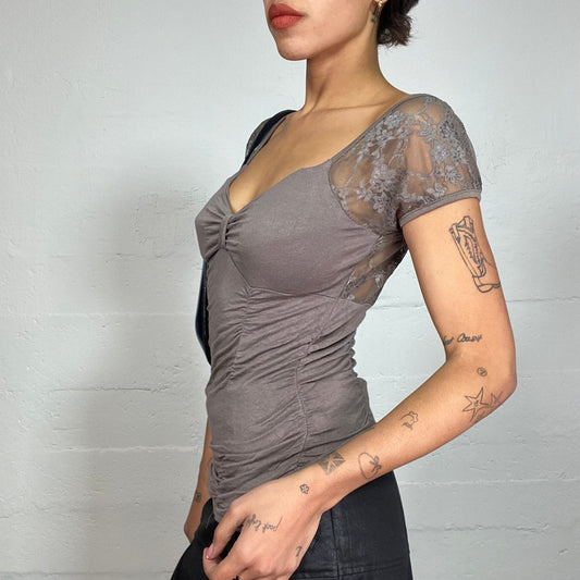 Vintage 90's Grunge Grey Top with Mesh Lace Puffed Sleeves (S)