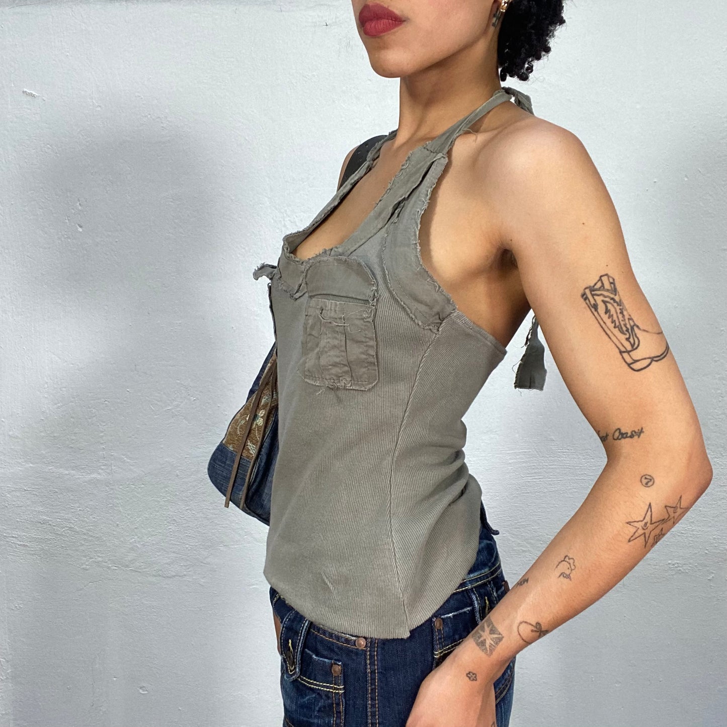 Vintage 2000's Grunge Khaki Raw Hem Halter Neck Top with Pocket Details (S)