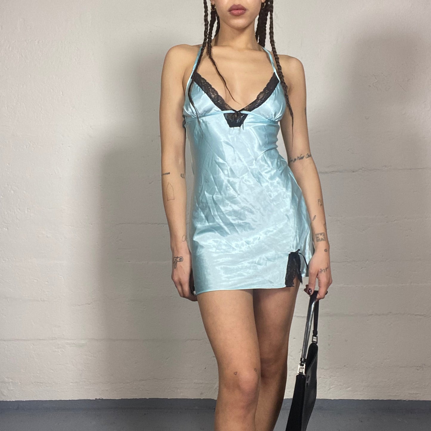 Vintage 90's Lingerie Baby Blue Satin Mini Open Back Dress with Black Mesh Lace Trims Detail (S)