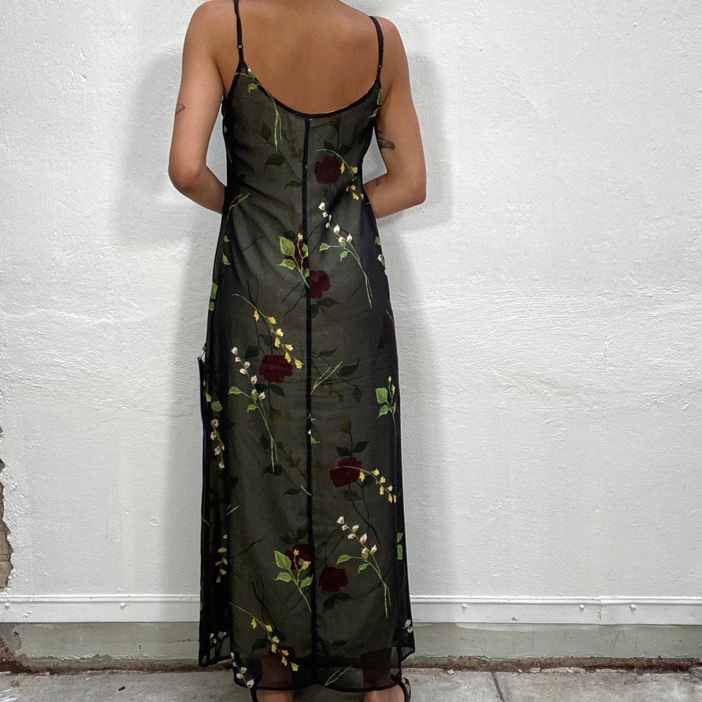 Vintage 90's Fairy Black Mesh Maxi Dress with Red and Yellow Rose Print (S/M)