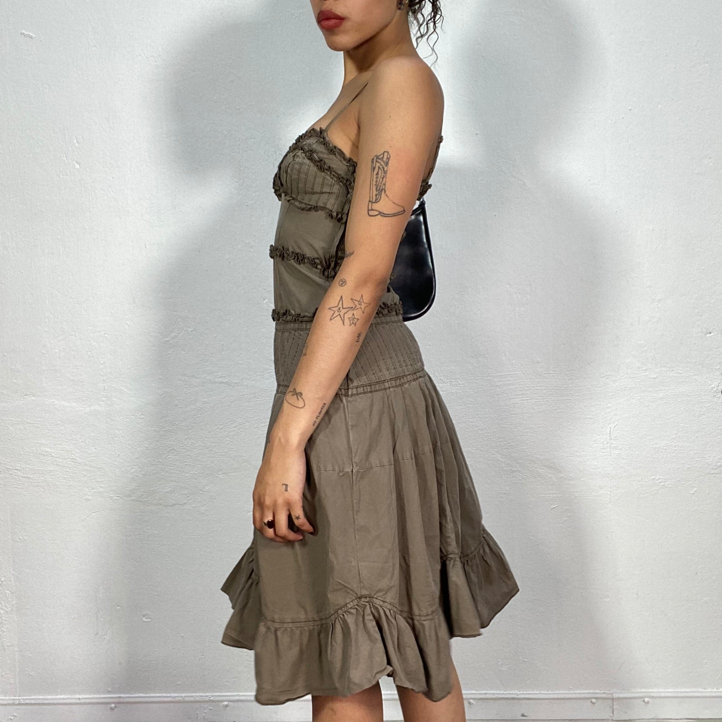 Vintage 90's Cyber Khaki Cami Dress with Volant Skirt and Deconstructed Look (S)