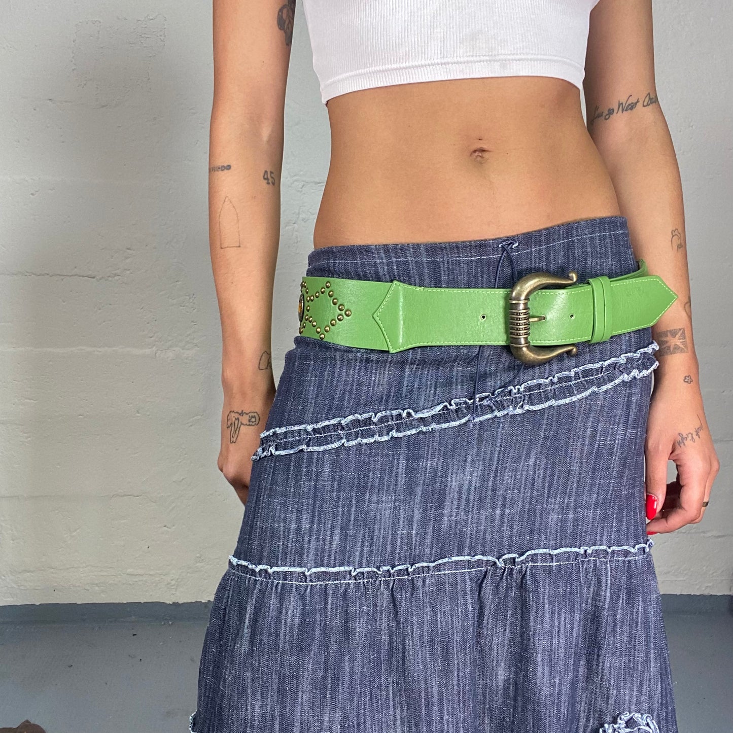 Vintage 2000's Festival Green Faux Leather Belt with Gold Studs and Buckle