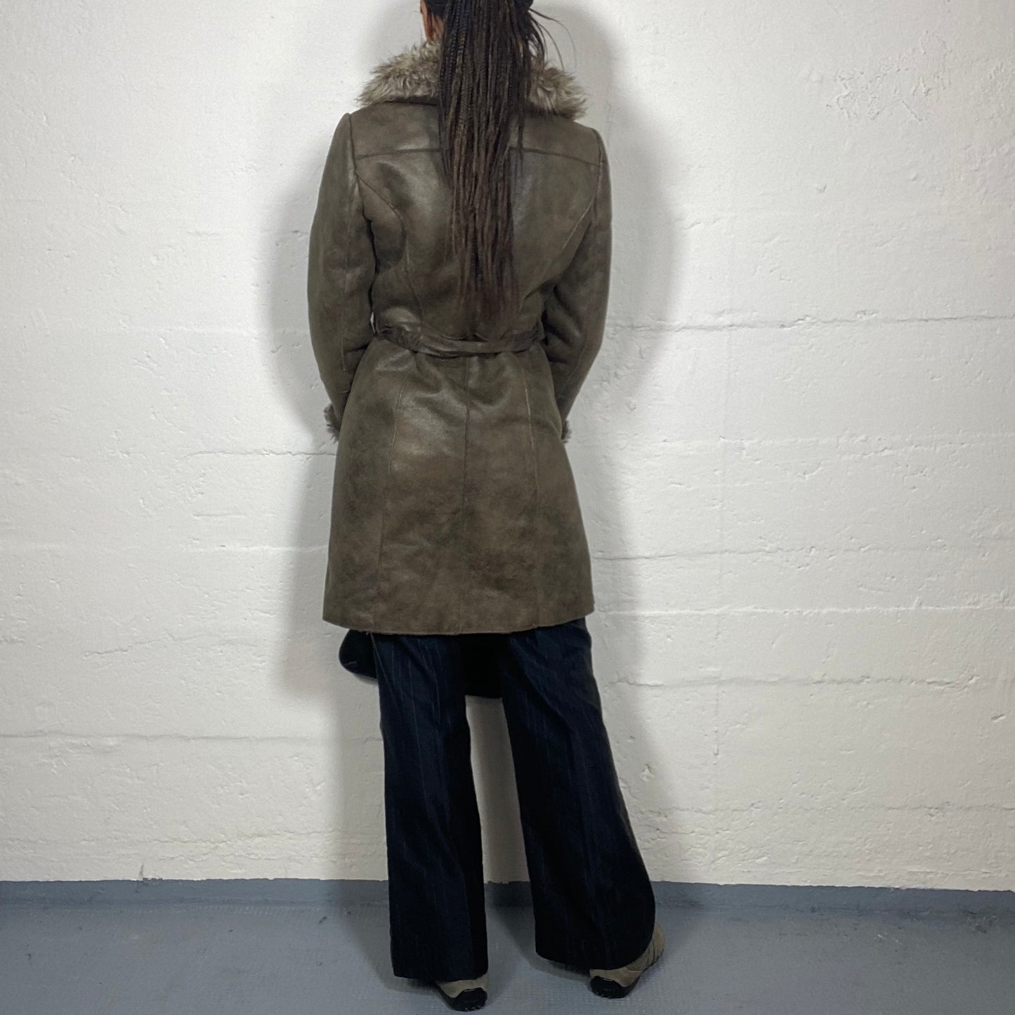 Vintage 2000's Bratz Brown Leather Long Afghan Coat with Faux Fur Collar and Sleeve Details (M)