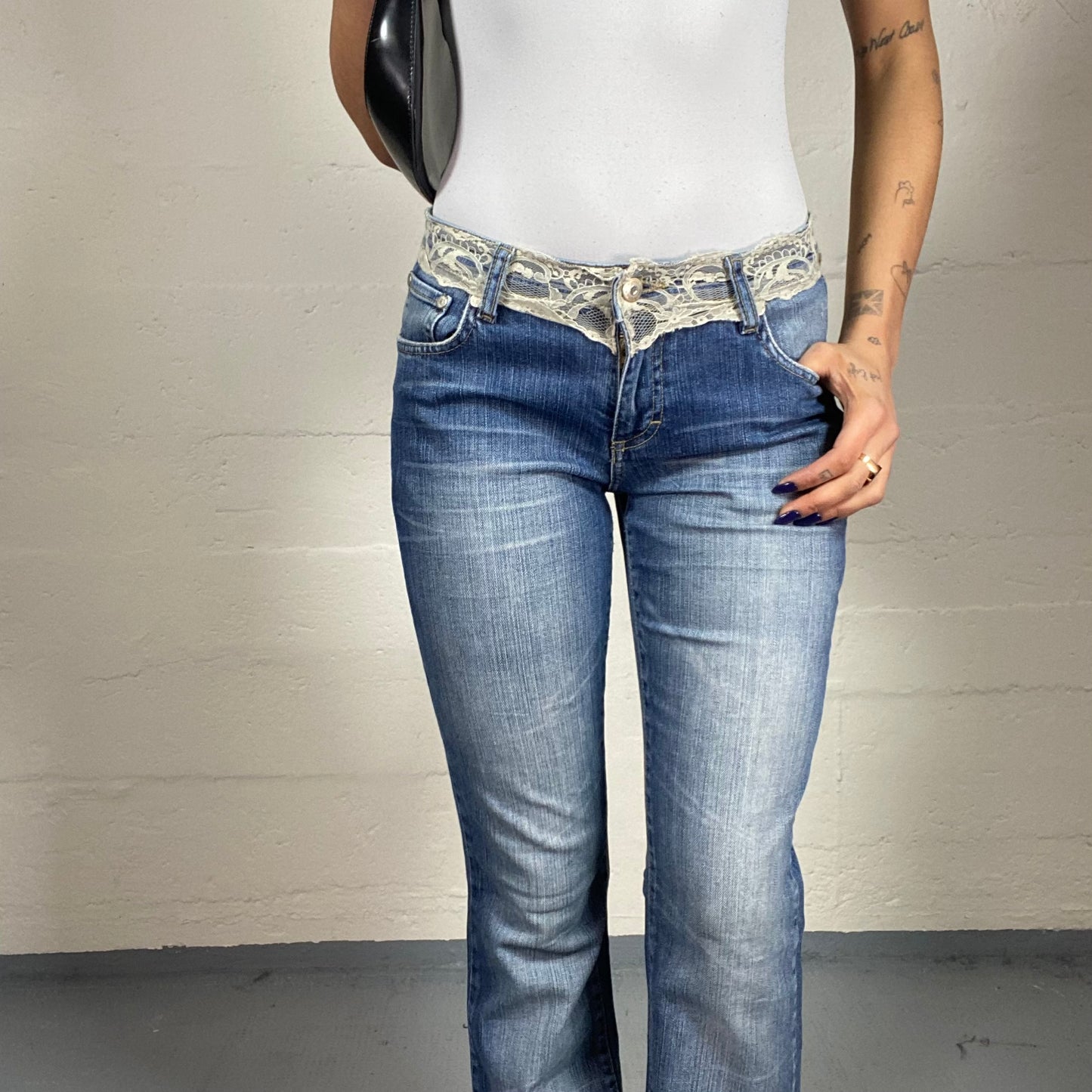 Vintage 2000's Archive Denim Boot Leg Pants with White Lace Belt Detail (S)