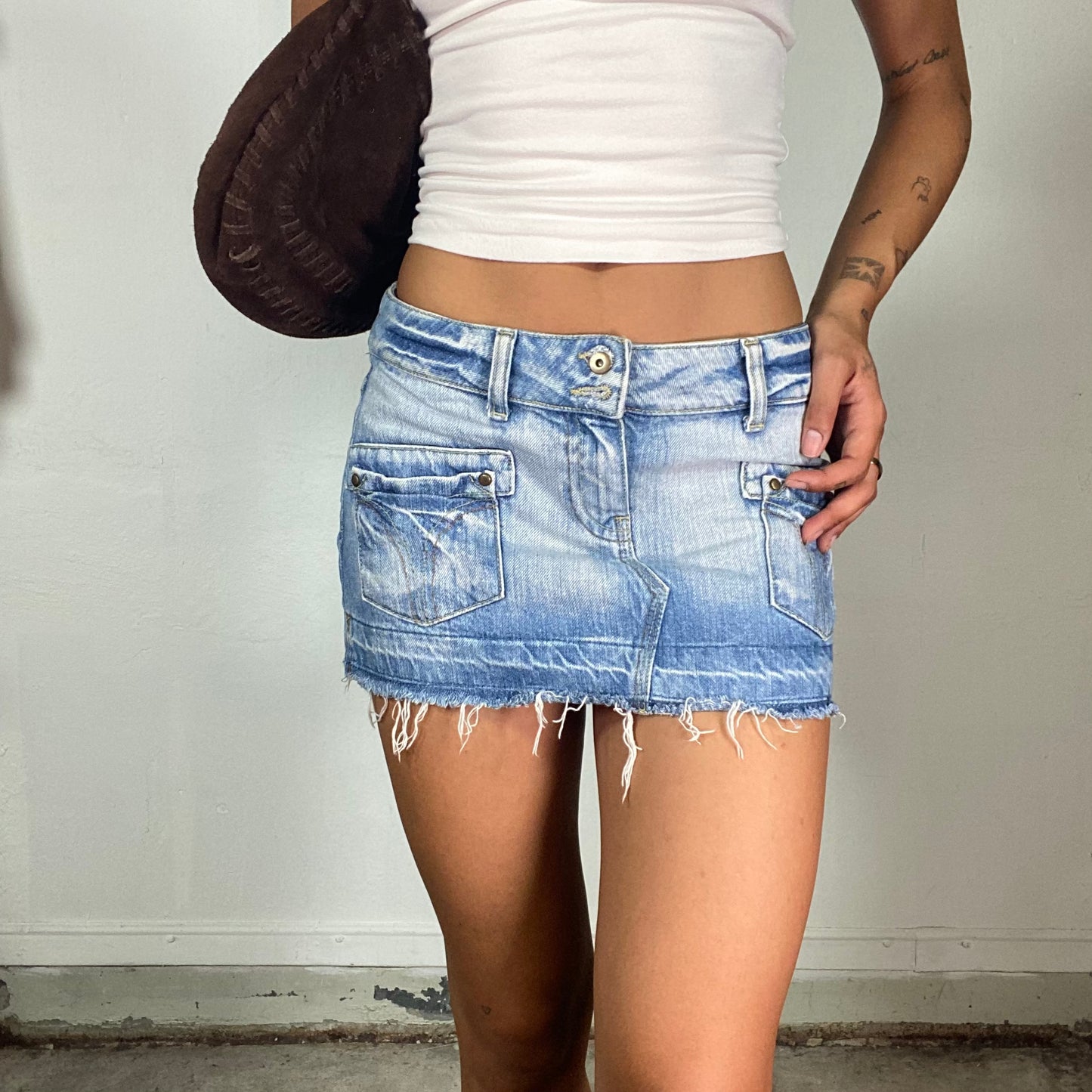 Vintage 2000's Downtown Girl Acid Wash Denim Mini Skirt with Pocket Detail (S)