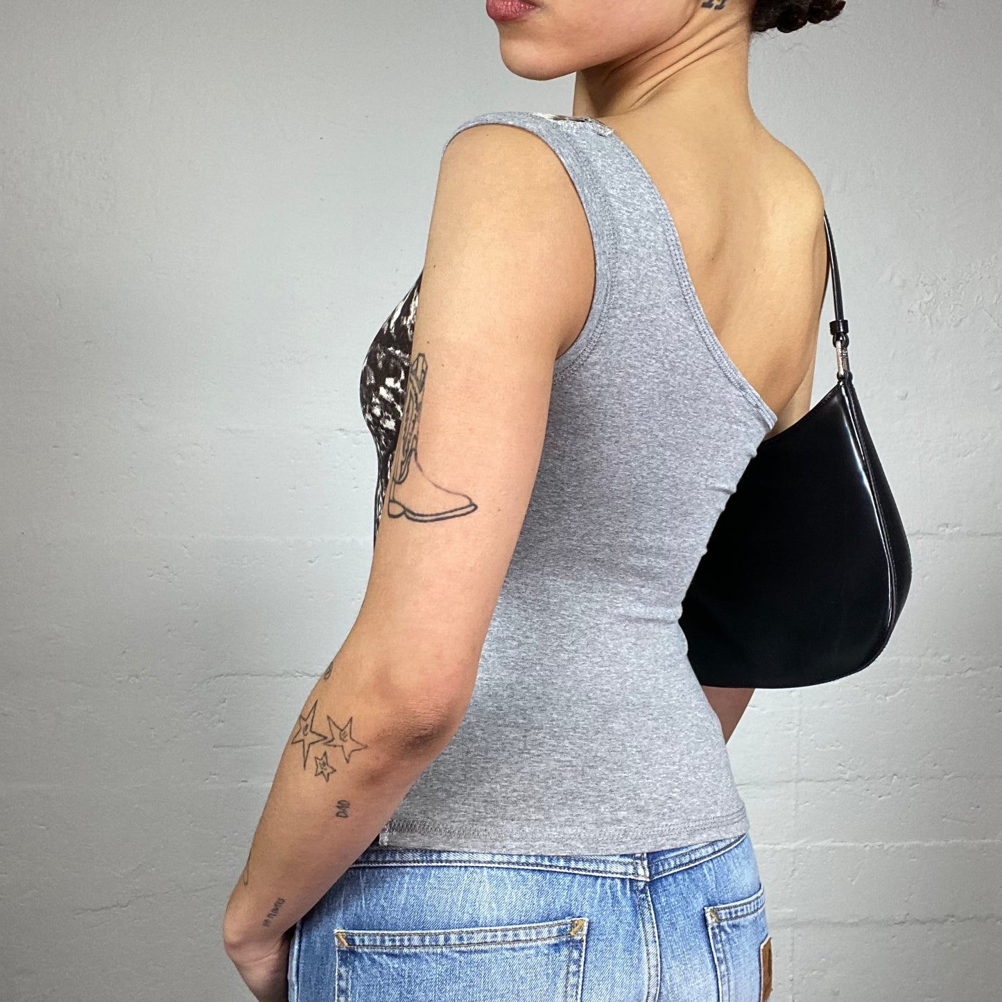 Vintage 2000's Sleaze Grey One Shoulder Top with Brown Butterfly Wing Print (S)
