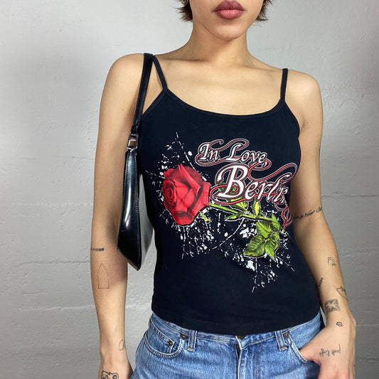 Vintage 2000's Downtown Girl Black Top with Red Rose "In Love Berlin" Print (S)