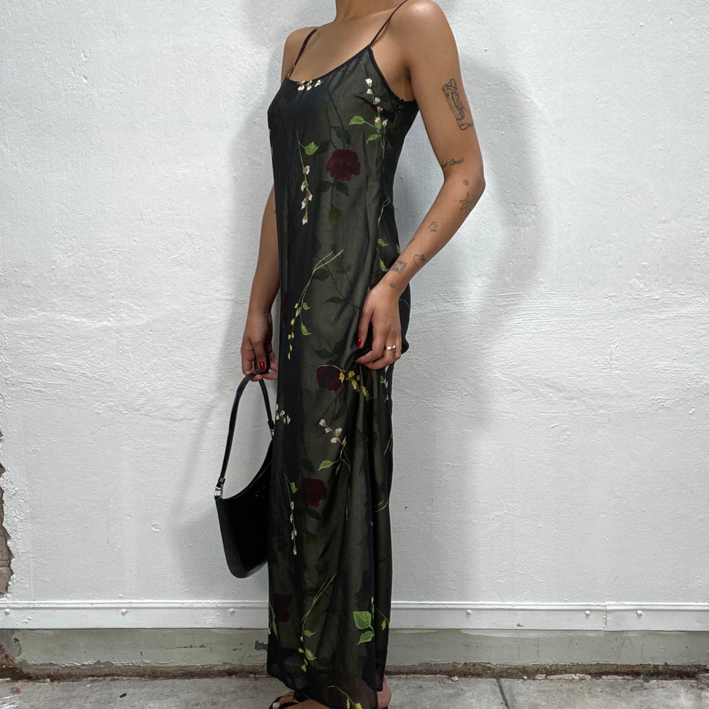 Vintage 90's Fairy Black Mesh Maxi Dress with Red and Yellow Rose Print (S/M)