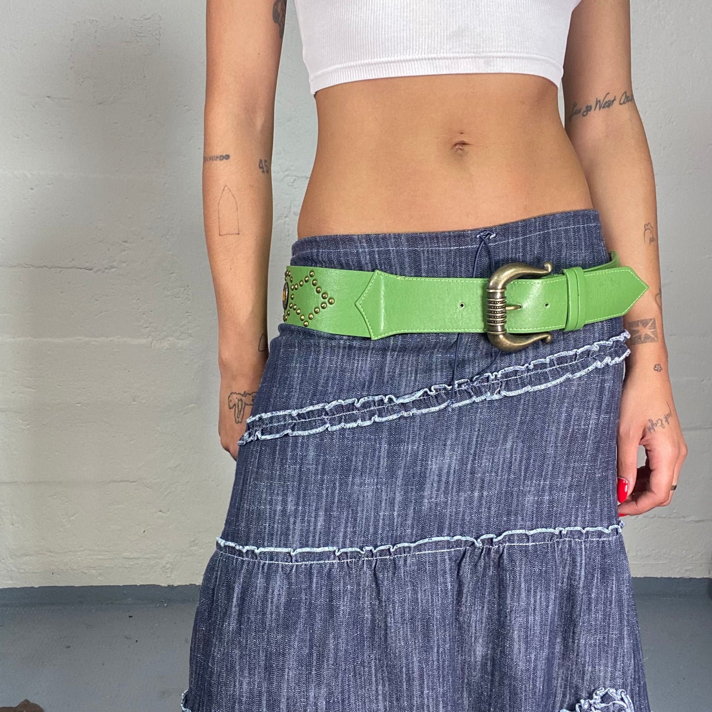 Vintage 2000's Festival Green Faux Leather Belt with Gold Studs and Buckle