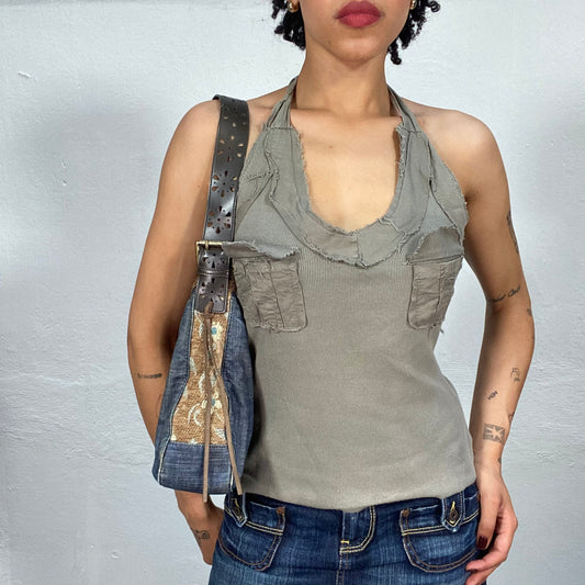 Vintage 2000's Grunge Khaki Raw Hem Halter Neck Top with Pocket Details (S)