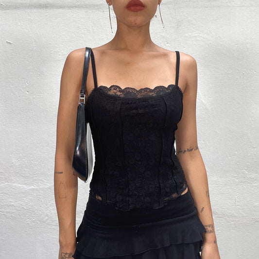 Vintage 2000's Whimsigoth Black Velvet Corset Top with Lace Detail (S)