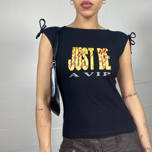 Vintage 2000's Sleaze Girl Black Top with "Just Be a Vip" Print Detail (S)