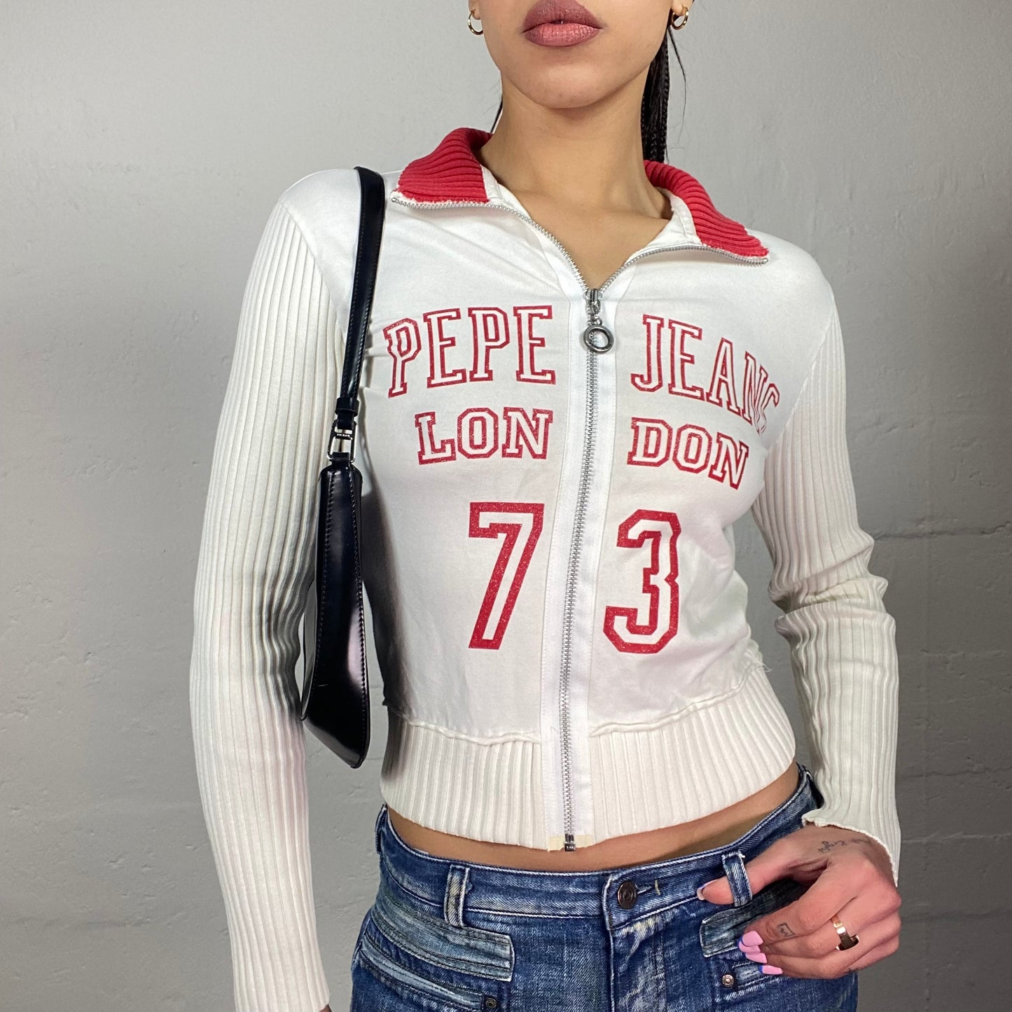 Vintage 2000's Pepe Jeans Sporty White Zip Up Sweater with Red Brand "London 73" Print (S)