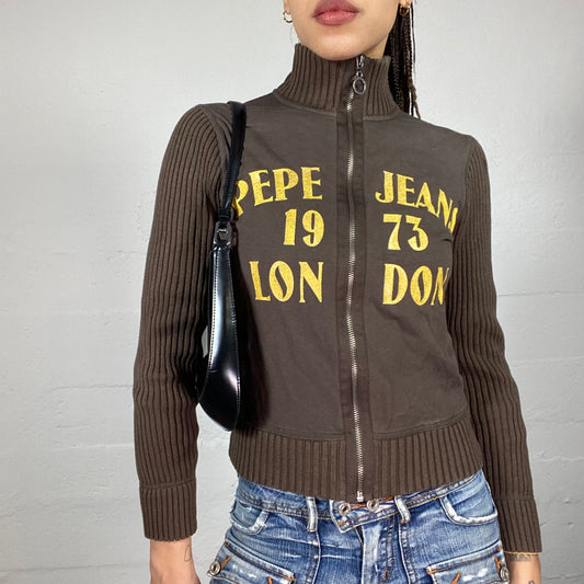 Vintage 2000's Pepe Jeans College Girl Khaki Zip Up Sweater with Brand Golden Print (S)