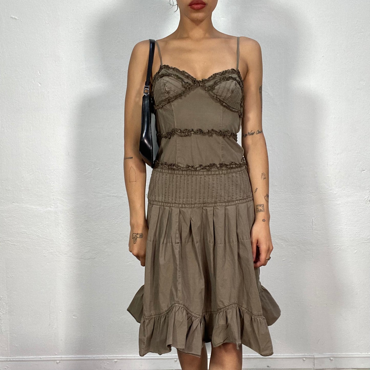 Vintage 90's Cyber Khaki Cami Dress with Volant Skirt and Deconstructed Look (S)