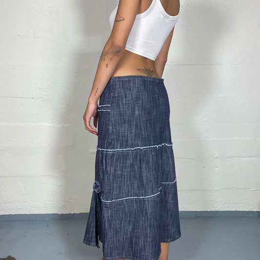 Vintage 2000's Boho Girl Dark Denim Maxi Volant Skirt with Decorative Seam Detail (S)