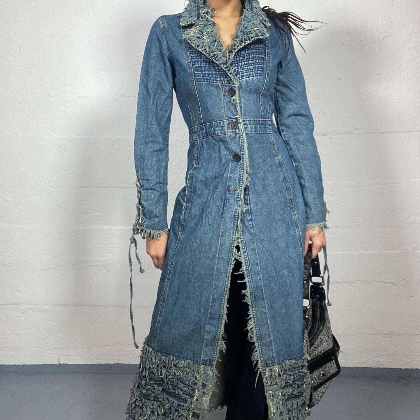 Vintage 2000's Archive Light Denim Long Coat with Raw Denim Fur Detail (S/M)