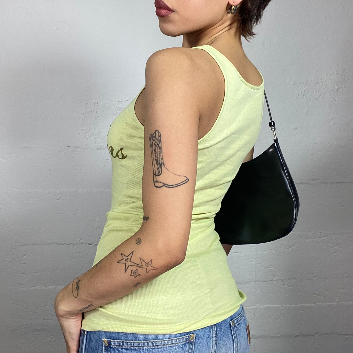 Vintage 2000's Guess Downtown Girl Yellow Top with Gold Cursive "Guess Jeans" Print (S)