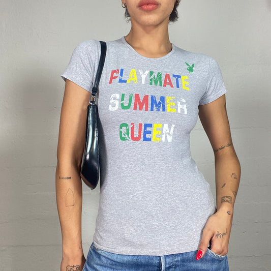 Vintage 2000's Playboy Archive Grey Top with "Playmate Summer Queen" Colored Print (S)