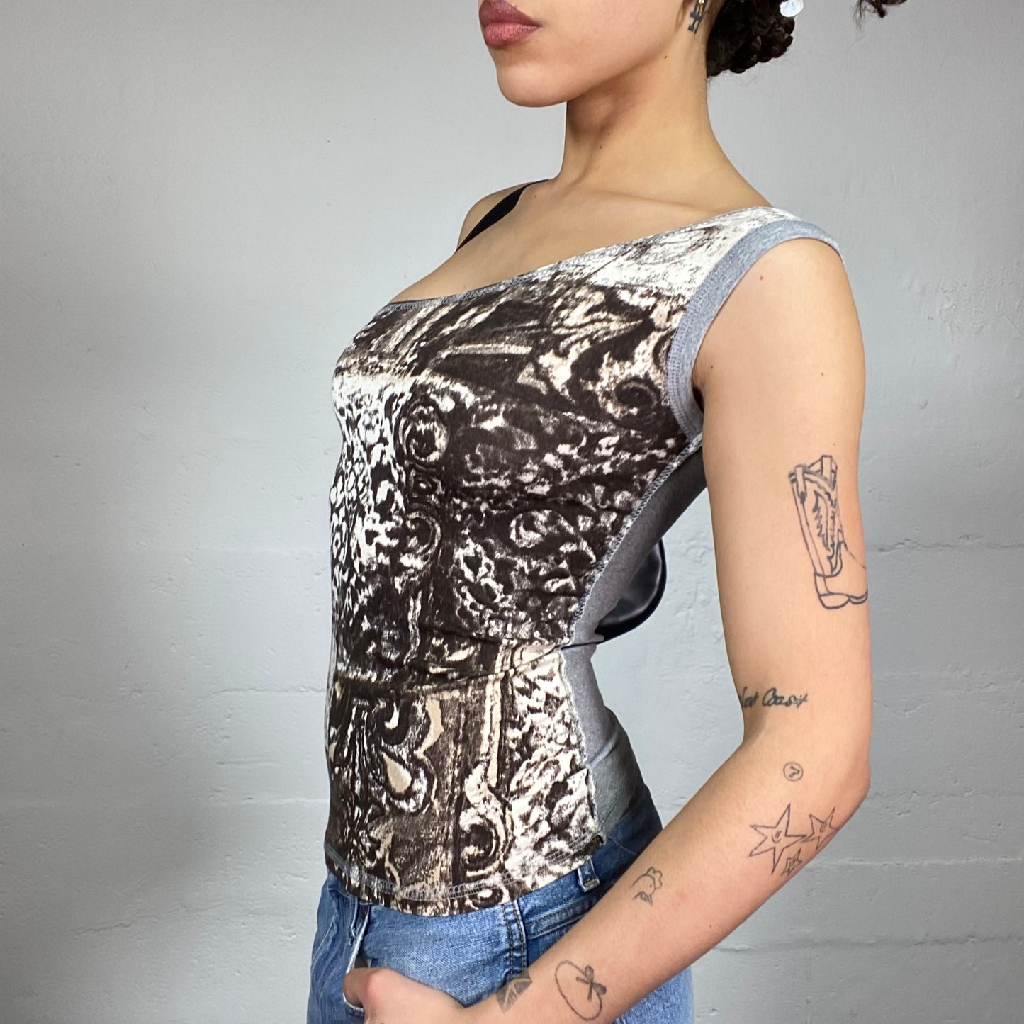 Vintage 2000's Sleaze Grey One Shoulder Top with Brown Butterfly Wing Print (S)