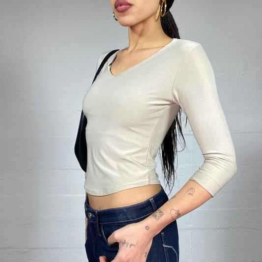 Vintage 2000's College Girl Beige Longsleeve Top with V Line Cut (S)