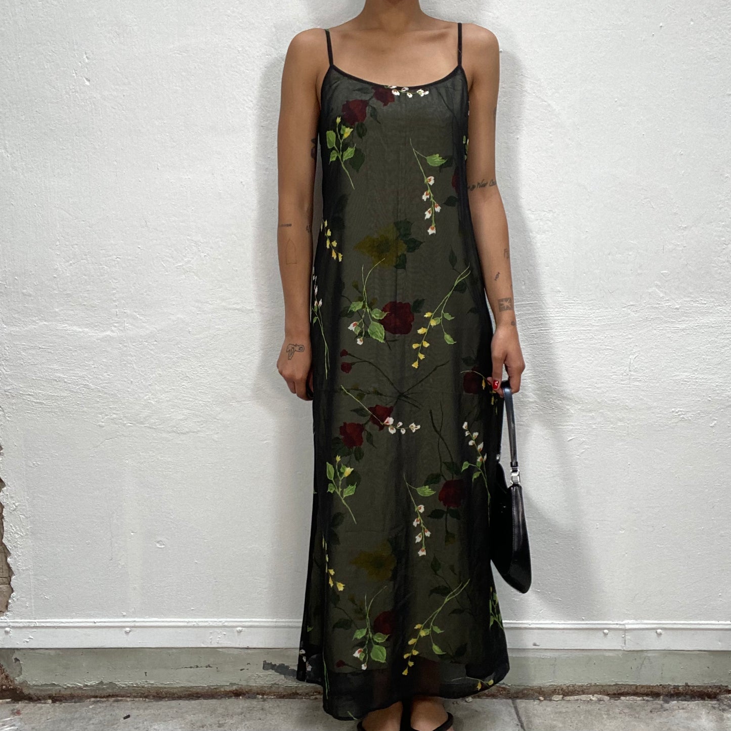 Vintage 90's Fairy Black Mesh Maxi Dress with Red and Yellow Rose Print (S/M)