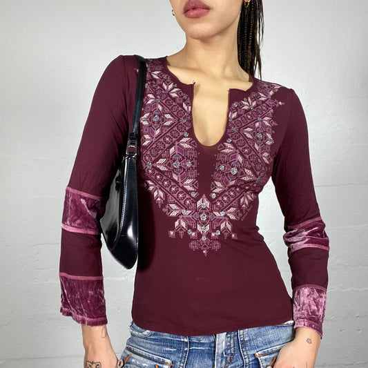 Vintage 90's Phoebe Buffay Garnet Longsleeve Top with Ethnic Print (M)