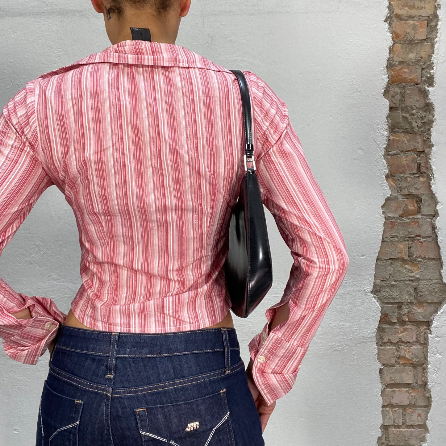 Vintage 90's Downtown Girl Red and White Striped Zip Up Blouse (S)