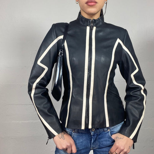 Vintage 2000's Sporty Black Short Racers Jacket with White Sleeve Trims Detail (S)